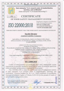 Certificate of food safety management system ISO 22000:2018