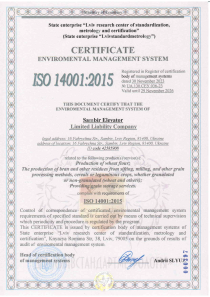 Certificate enviromental management system ISO 14001:2015